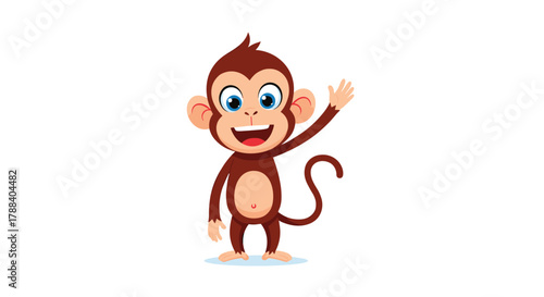 Adorable cartoon monkey character with bright blue eyes, a cheerful smile, and an arm raised in a friendly wave, isolated on a clean white background.
