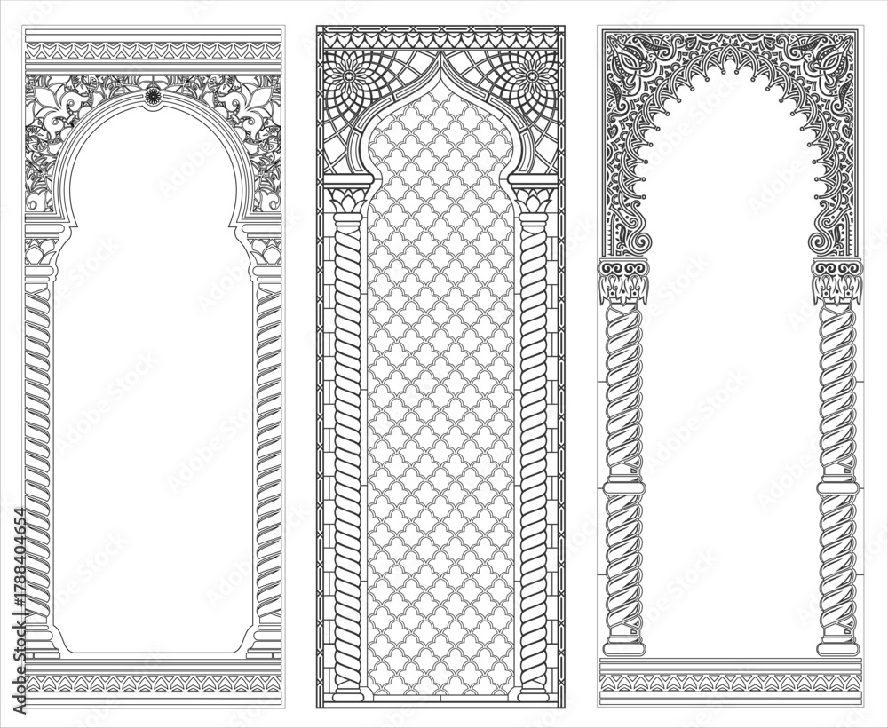 Fototapeta premium Architectural Arab arch. Photo frame laser cutting. Stencil. Oriental style. One piece vector spline.