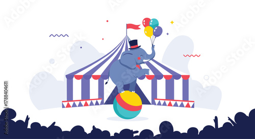 A cheerful circus elephant in a top hat balances on a colorful ball, holding balloons, with a festive big top tent and audience in the background.