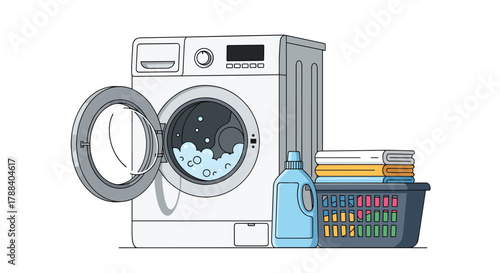 Illustration of a washing machine with an open door, containing soapy water and clothes, next to a detergent bottle and clean laundry in a basket.