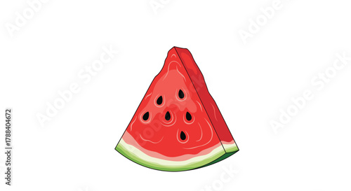 A vibrant, juicy slice of fresh watermelon with black seeds and green rind, perfect for a refreshing summer treat on a white background.