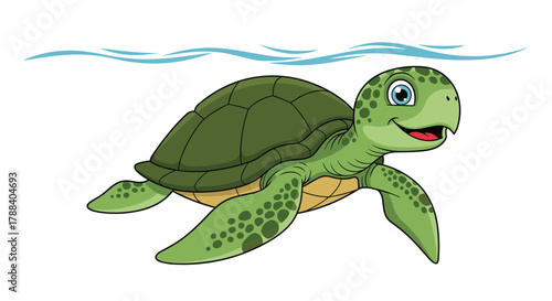 A cheerful green sea turtle swims gracefully underwater with a happy smile and blue eyes, depicted in a friendly cartoon style.