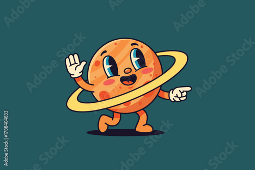 Retro Cartoon Planet Character Waving and Pointing Happily.