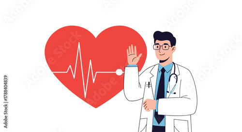 A friendly cartoon doctor in a lab coat with a stethoscope waves, standing by a large red heart featuring an ECG heartbeat line, symbolizing health.