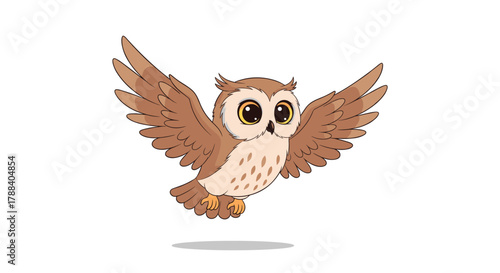 A charming cartoon owl with big, expressive eyes takes flight against a pristine white background, showcasing its delightful details and playful spirit.