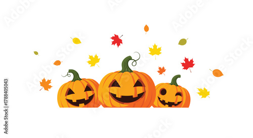 Happy jack-o'-lanterns and vibrant autumn leaves create a festive Halloween and fall seasonal display on a white background.