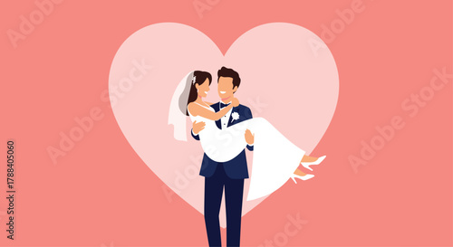 A loving groom carries his beautiful bride over the threshold, symbolizing a romantic start to their happy marriage, set against a pink heart background.