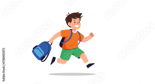 A cheerful young boy with freckles smiles brightly as he runs quickly while carrying his blue school backpack, full of energy and excitement.