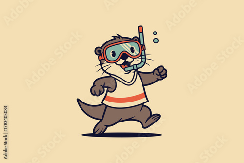 Cute Cartoon Otter Wearing Snorkel Mask and Vest Ready for Under