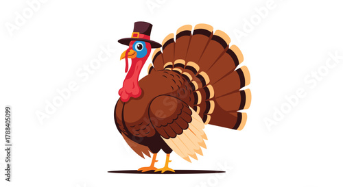 A cheerful cartoon turkey stands proudly, adorned with a pilgrim hat and vibrant plumage, ready for Thanksgiving celebrations.