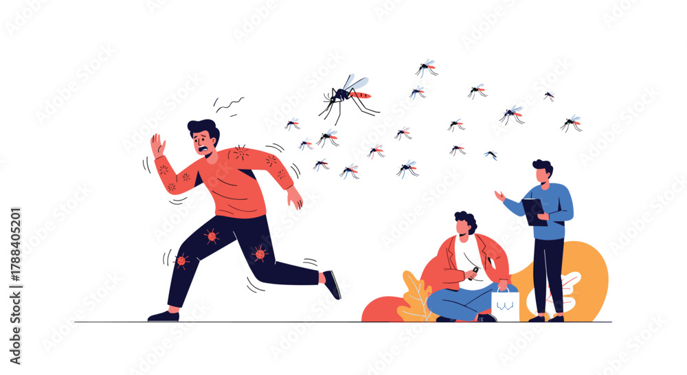Obraz premium Scientists observe a man fleeing a mosquito swarm with bites, illustrating the impact of vector-borne diseases and public health challenges.