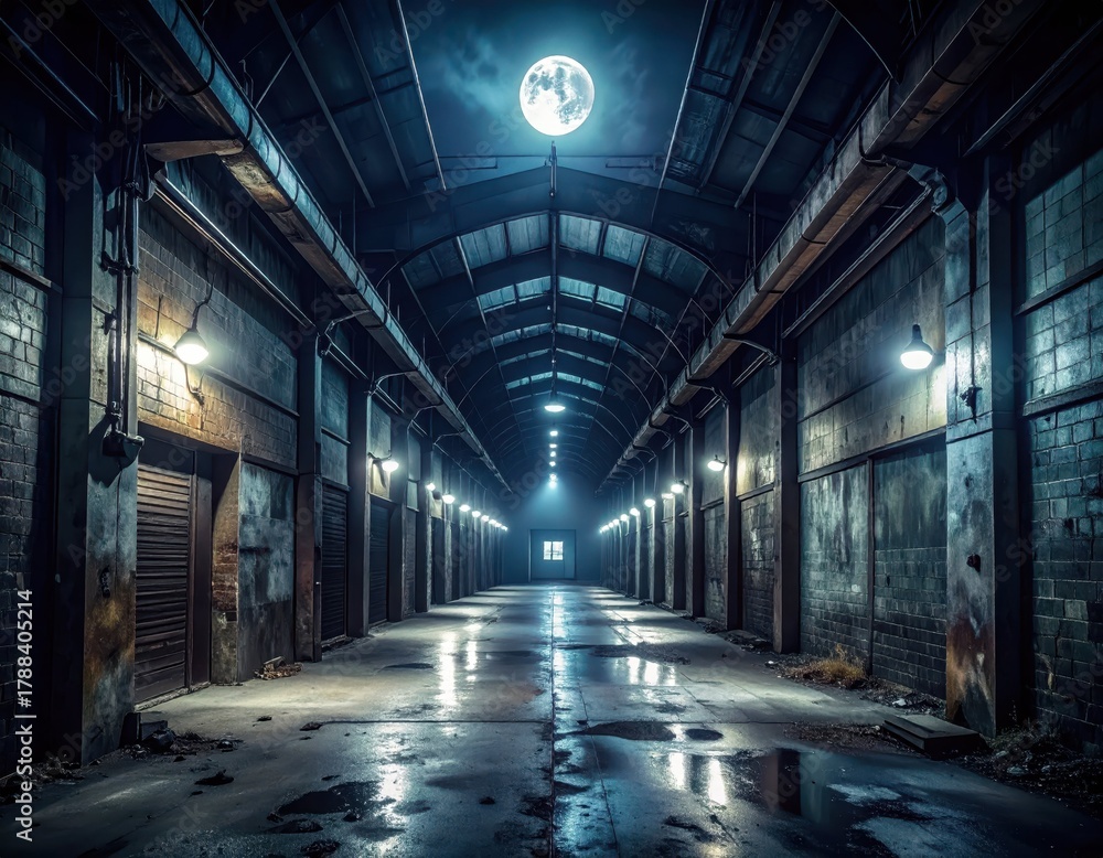 Obraz premium Dark industrial hallway under moonlight with dramatic lighting effects
