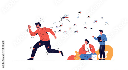 Scientists observe a man fleeing a mosquito swarm with bites, illustrating the impact of vector-borne diseases and public health challenges.