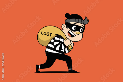 Cartoon Thief with Loot Bag Sneaking Away.
