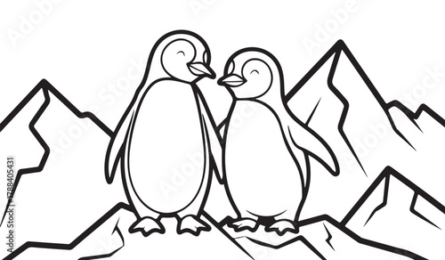 Two cute penguins in a line art style standing on ice a simple vector illustration for childrens books and coloring pages