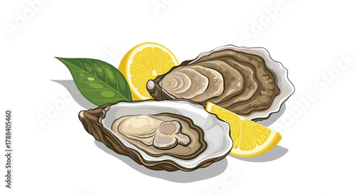 A fresh and appetizing serving of raw oysters in their shells, accompanied by vibrant lemon slices and a green leaf, ready to be enjoyed.