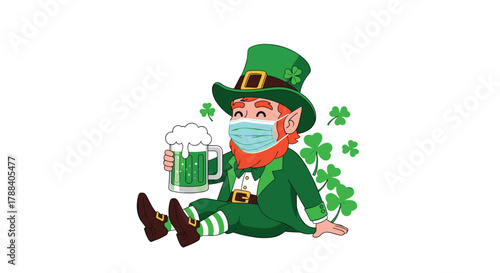 A cheerful cartoon leprechaun wearing a face mask, holding green beer, and sitting among shamrocks to celebrate St. Patrick's Day.