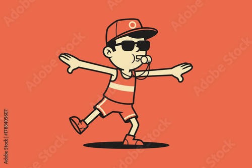 Cartoon boy lifeguard or coach blowing whistle with outstretched