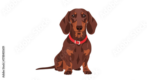 A cute cartoon dachshund dog with brown fur and a red collar sits patiently on a white background, looking directly forward.