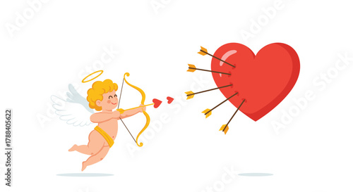 Smiling cupid angel with golden bow shoots heart-tipped arrows, symbolizing love and romance, impacting a large red heart pierced by many shafts.