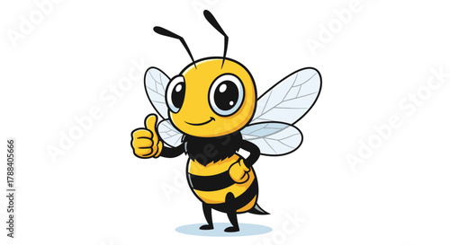A cute, happy cartoon bee smiles and gives a thumbs-up gesture, showing approval and success on a white background.