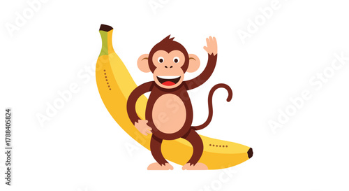 A cheerful cartoon monkey smiles and waves while playfully resting on a large yellow banana, set against a clean white background.