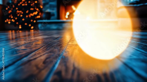 Warm, inviting scene featuring a cozy interior with fireplace, Christmas lights, and wood floor