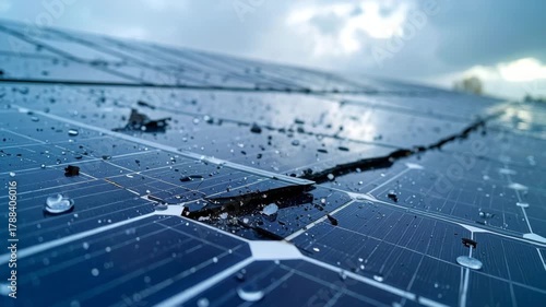 Close-up of a cracked and damaged solar panel after a hailstorm, with water droplets and an overcast sky.