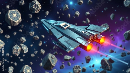 Fototapeta Naklejka Na Ścianę i Meble -  Space Ship Soaring Through Asteroid Field with Flames and Lights Digital Art
