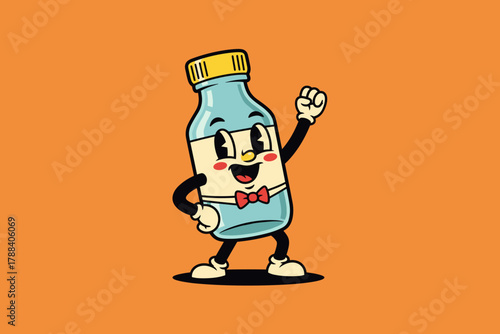 Retro Cartoon Bottle Character with Bow Tie and Glasses.