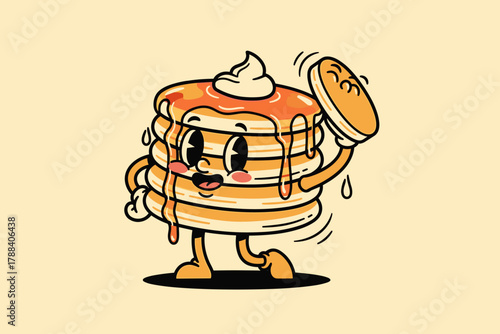 Happy retro cartoon pancake character with syrup and whipped cre