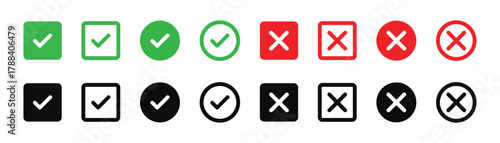 Checkmark x mark icon. Green checkmark and red x sign. Correct error vector symbol isolated on white background. Vote checkmark in circle and square box.