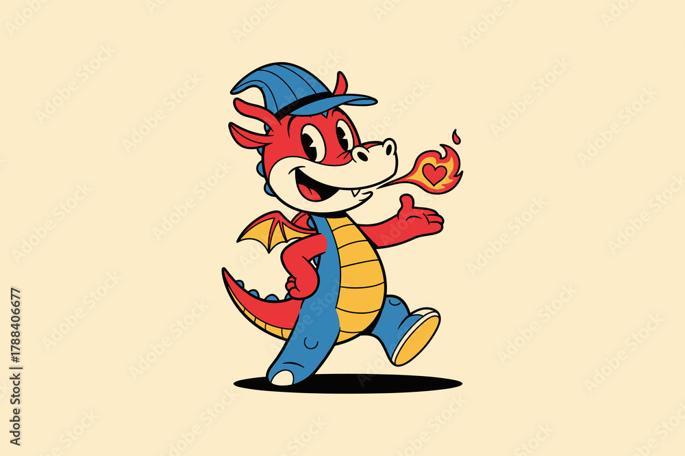 Naklejka premium Happy Cartoon Dragon Character with Baseball Cap and Fire Breath
