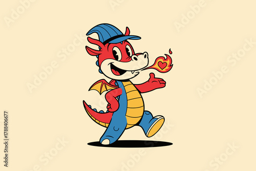 Happy Cartoon Dragon Character with Baseball Cap and Fire Breath