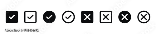 Checkmark x mark icon. Green checkmark and red x sign. Correct error vector symbol isolated on white background. Vote checkmark in circle and square box.