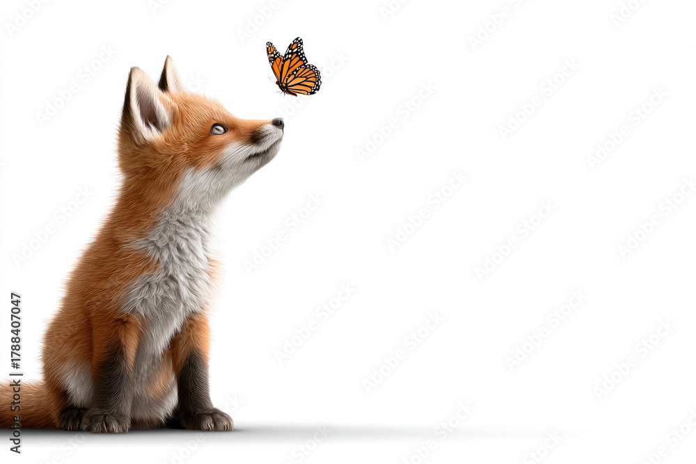 Obraz premium Curious baby fox watching butterfly on white background