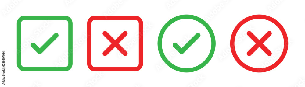 Fototapeta premium check mark icon button set. check box icon with right and wrong buttons and yes or no checkmark icons in green tick box and red cross