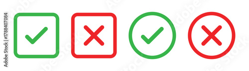 check mark icon button set. check box icon with right and wrong buttons and yes or no checkmark icons in green tick box and red cross