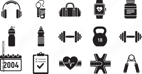 Black fitness icons including headphones water bottles dumbbells kettlebell and calendar