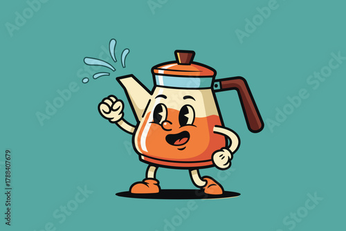 Retro Cartoon Teapot Character with Happy Expression and Splashi