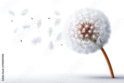 Dandelion puff with falling seeds isolated on white background nature concept