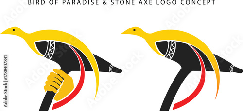 Bird of Paradise and Traditional Stone Axe Logo Concept