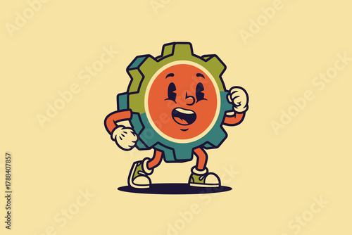 Retro cartoon gear character walking happily with a cheerful exp