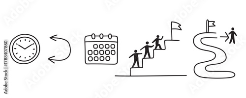 Simple line art illustration showing time management scheduling and career path vector icon set for business and personal development infographics