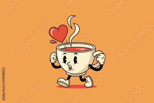 Retro Cartoon Coffee Cup Character with Heart and Steam.
