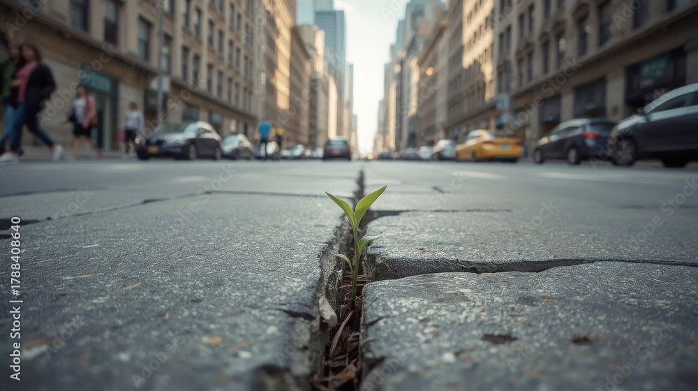 Fototapeta premium Plant emerges through cracks in city pavement showcasing nature's perseverance in urban spaces