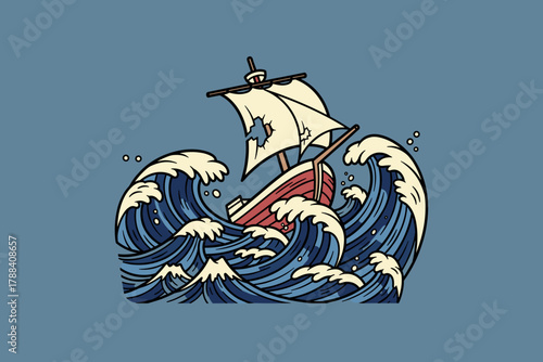 Shipwrecked vessel battling colossal waves in a stormy sea.