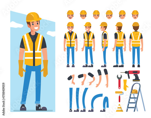 construction worker, character, builder, manual labor, profession, job, uniform, hard hat, safety vest, work clothes, tools, equipment, drill, wrench, paint roller, ladder, safety cone, gloves, cartoo