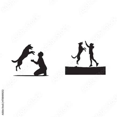dog jumping to the owner silhouettes
