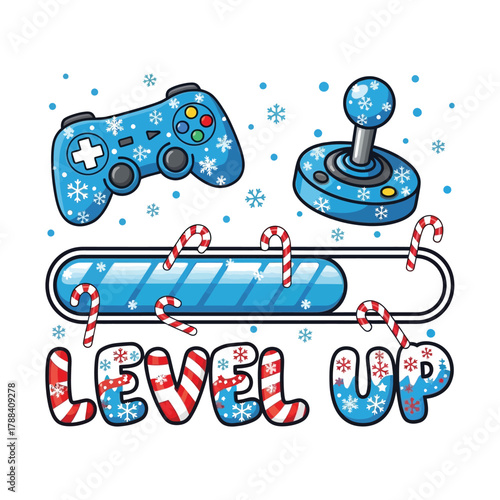 Christmas holiday pixel art illustration featuring a video game controller wearing a Santa hat with a snowflake background.